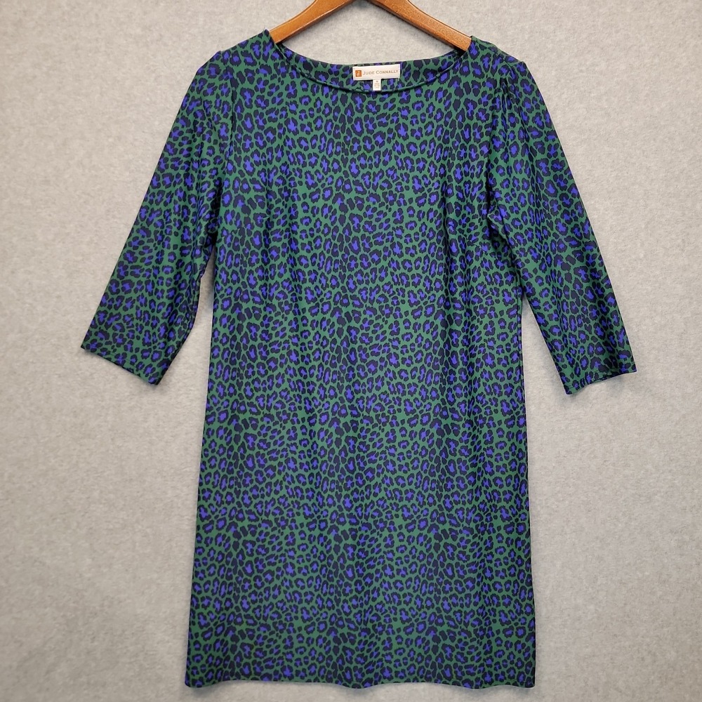 JUDE CONNALLY Blue Green Leopard Print Shift Dress 3/4 Sleeve Stretch Sz M USA